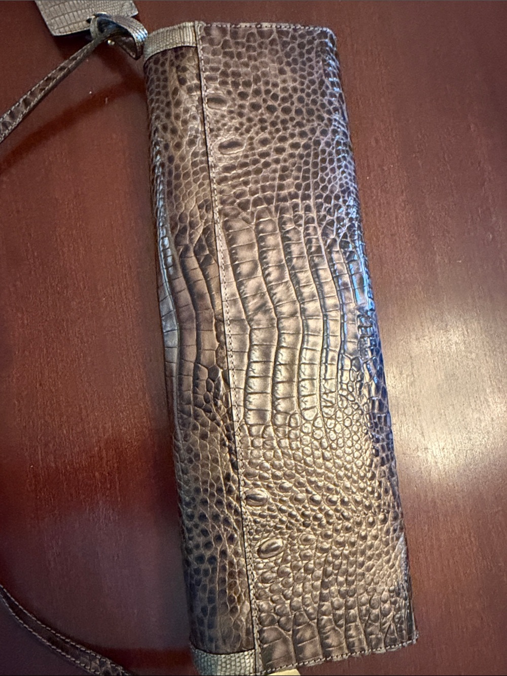 Brahmin Croc-Embossed Leather Clutch in Brown and Beige - Picture 7 of 7